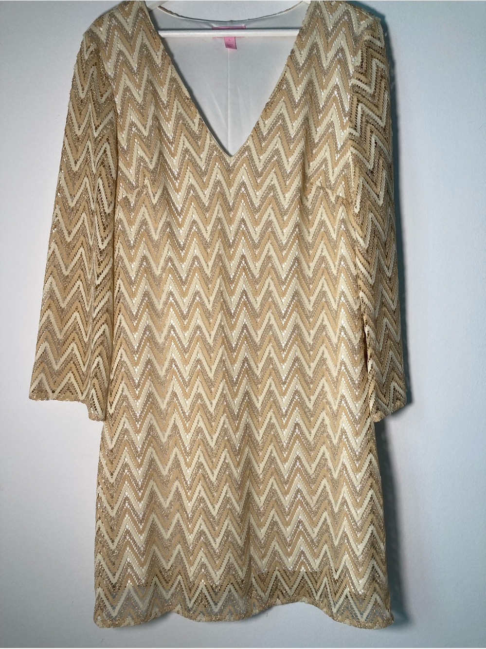 Lilly Pulitzer Jade Gold Metallic Chevron Knit Bell Sleeve Dress Size L V-Neck
